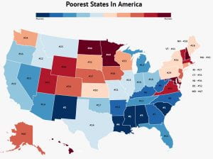 Blue indicates the poorest states and red the richest